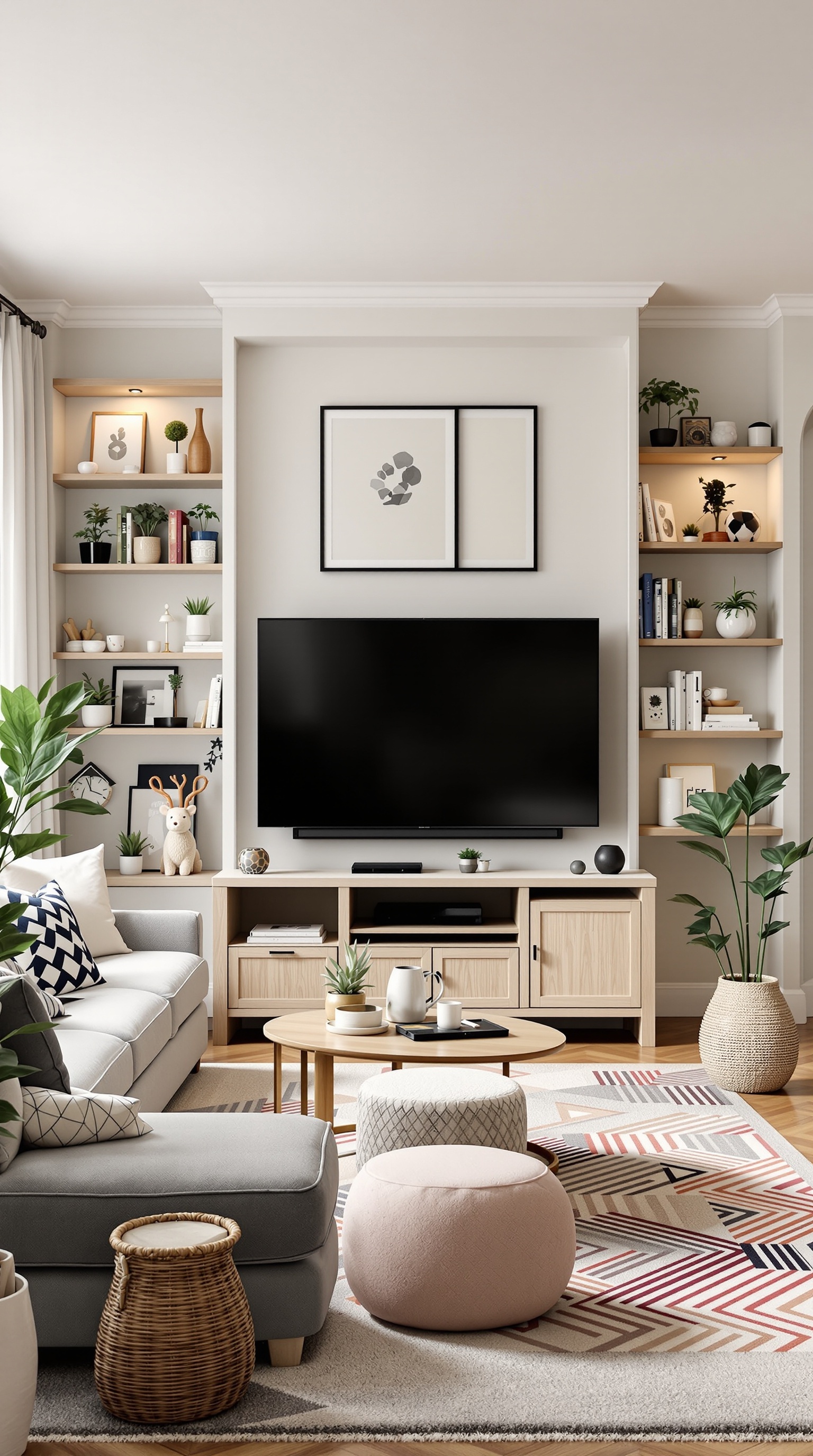 A cozy family room featuring a gray sofa, round coffee table, and shelves with plants and books.