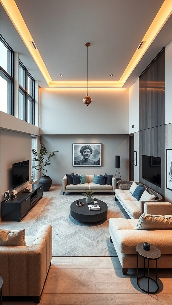 A cozy luxury living room with two sofas, a round coffee table, and large windows.