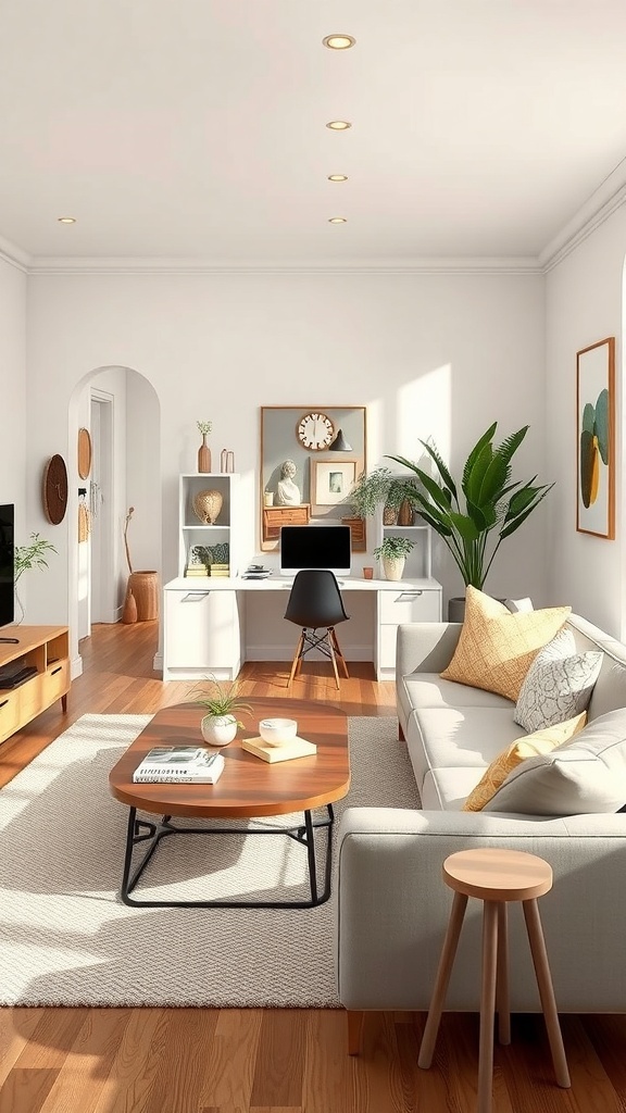 A cozy apartment living room with a sofa, coffee table, and a workspace.