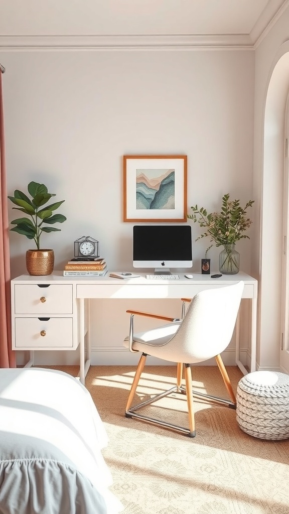 A cozy bedroom corner featuring a desk with a computer, a chair, and decorative plants.
