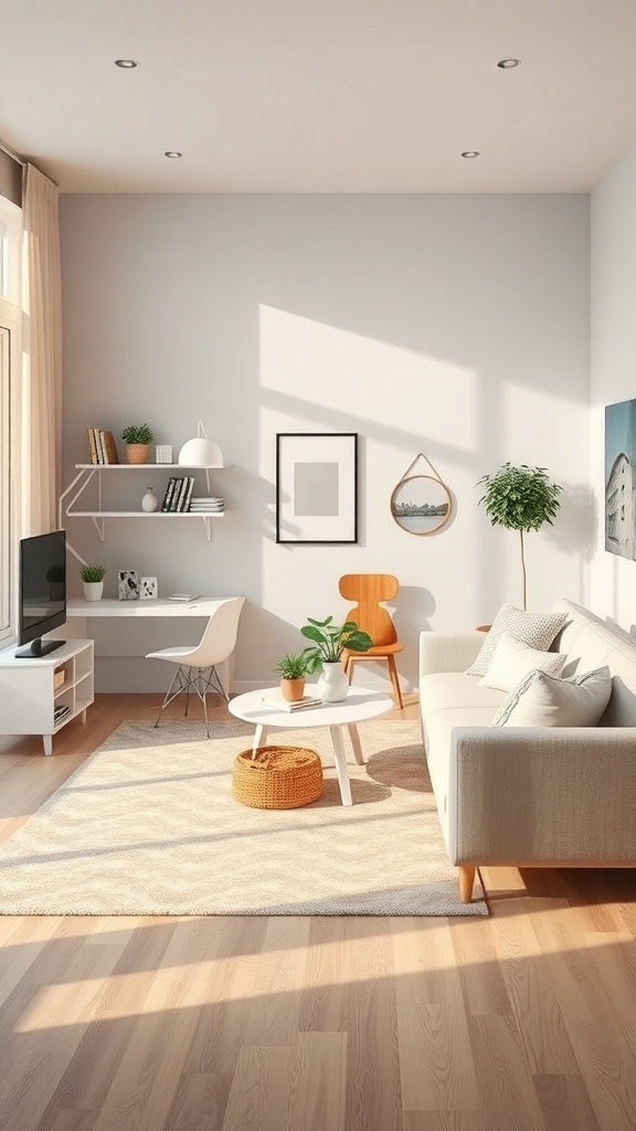 A cozy living room featuring a sofa, a small table, a desk area, and plants, all bathed in natural light.