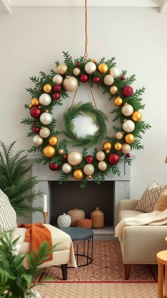 A multi-layered wreath with gold, red, and white ornaments, surrounded by greenery, hanging above a cozy living room setting.