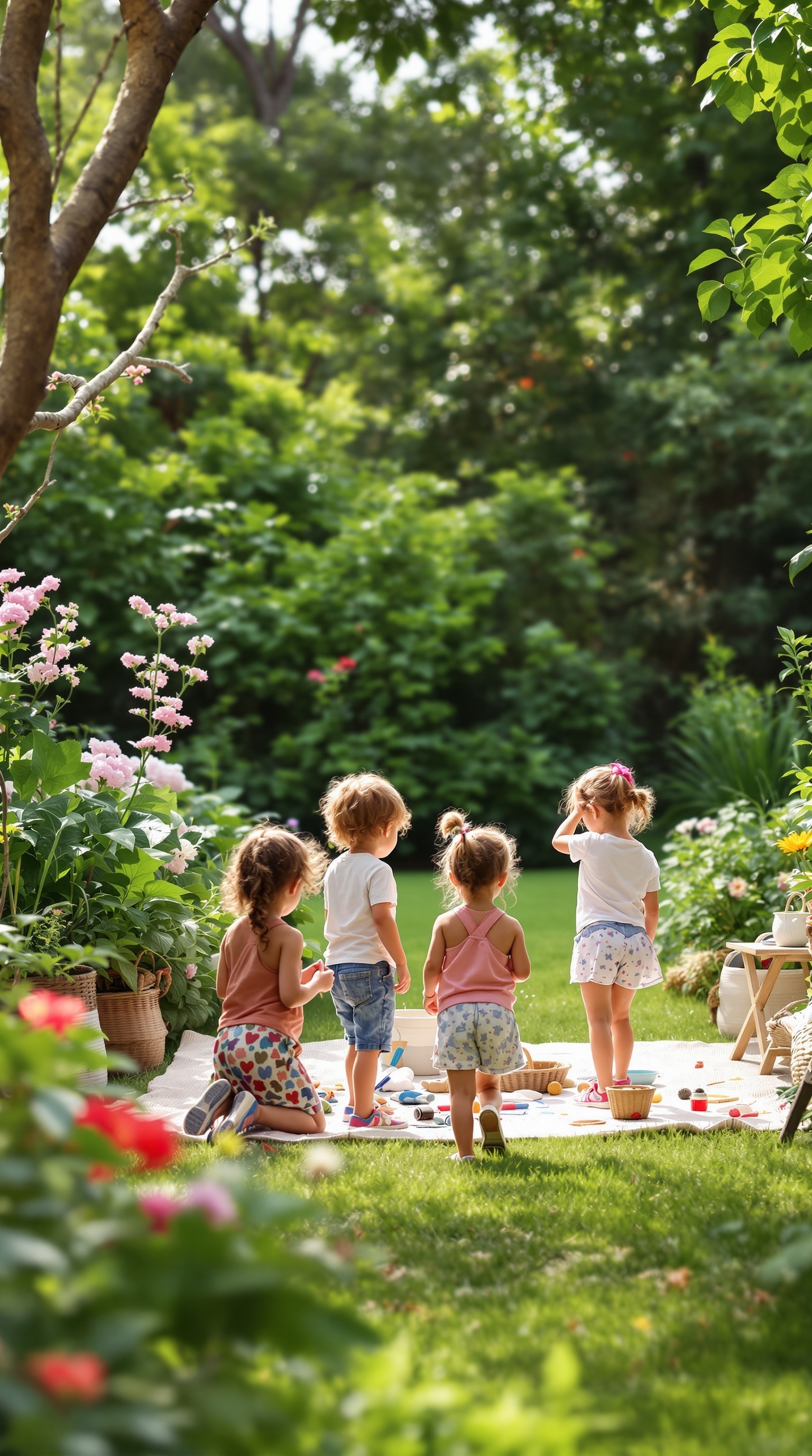 Children participating in a nature scavenger hunt in a backyard filled with greenery and flowers.