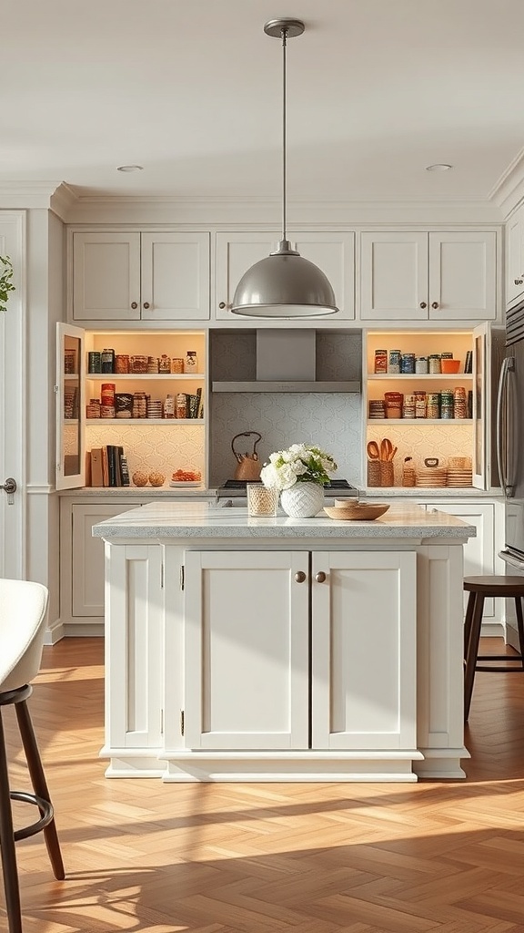 Kitchen island with pantry storage displaying neatly arranged cans and spices