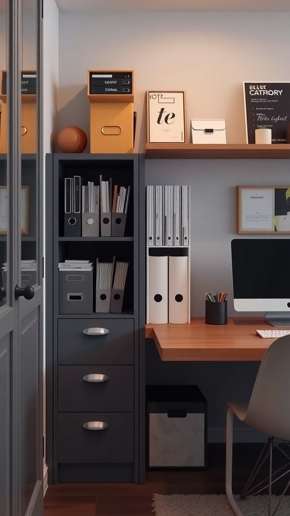 A well-organized home office with a filing cabinet, shelves, and a desk.