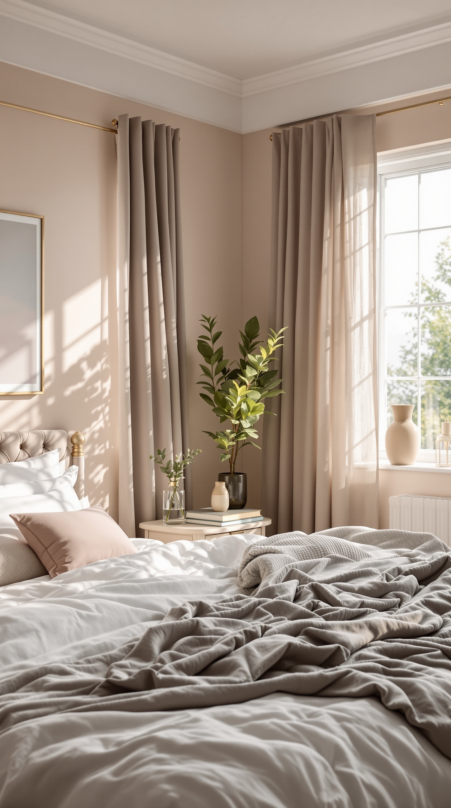 A serene bedroom with soft colors, natural light, and inviting decor.