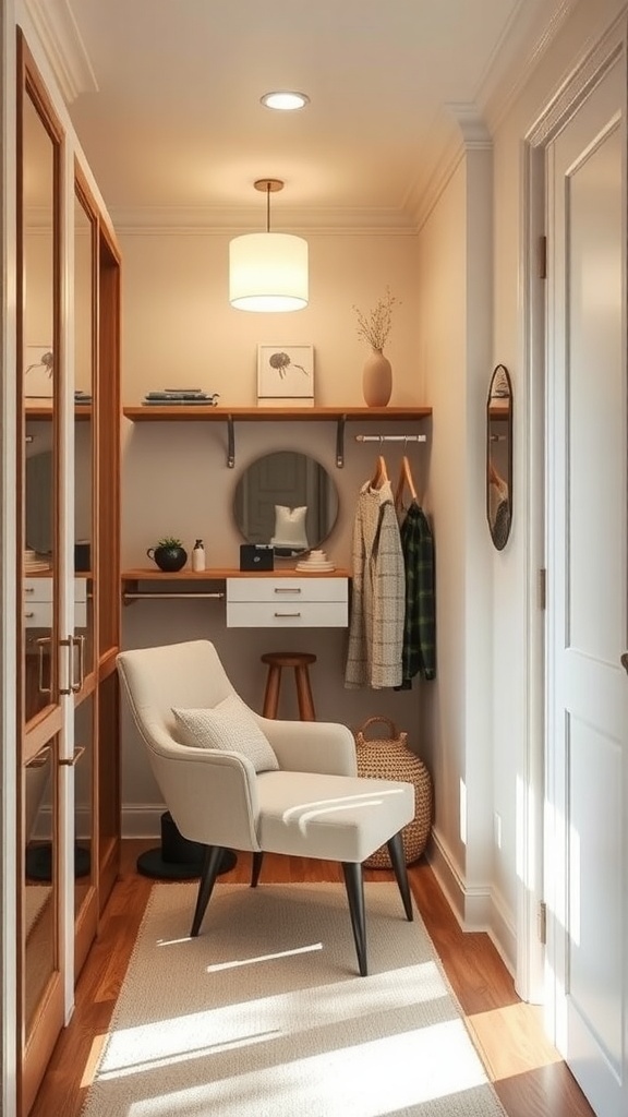 A small walk-in closet featuring a chair, shelves, and organized storage.