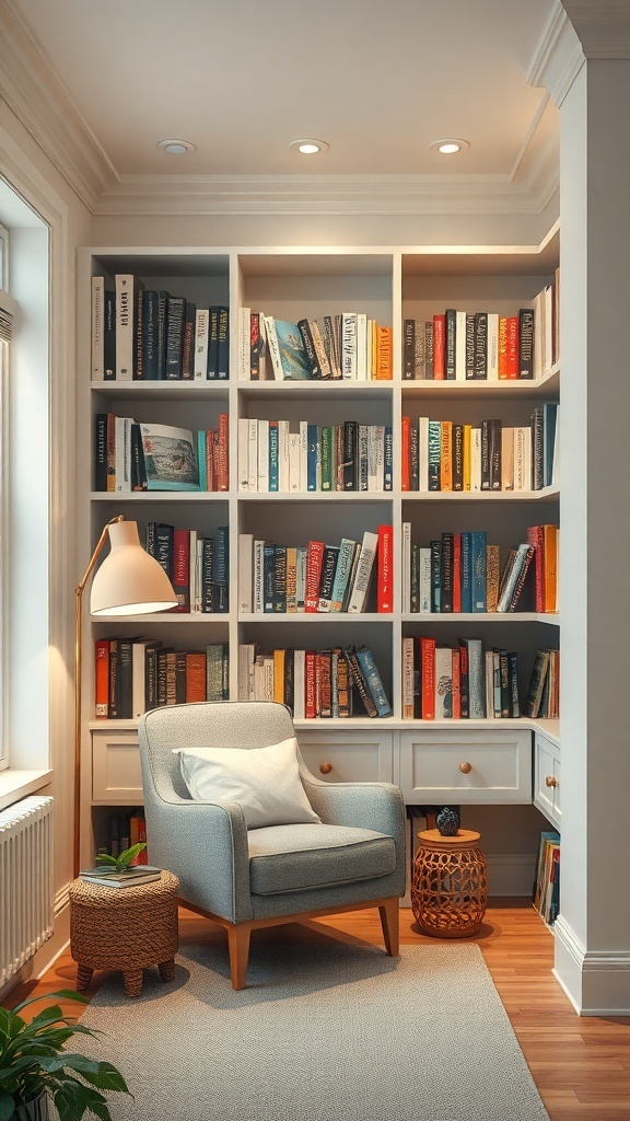 A cozy reading nook with a chair, bookshelf filled with books, and a side table.