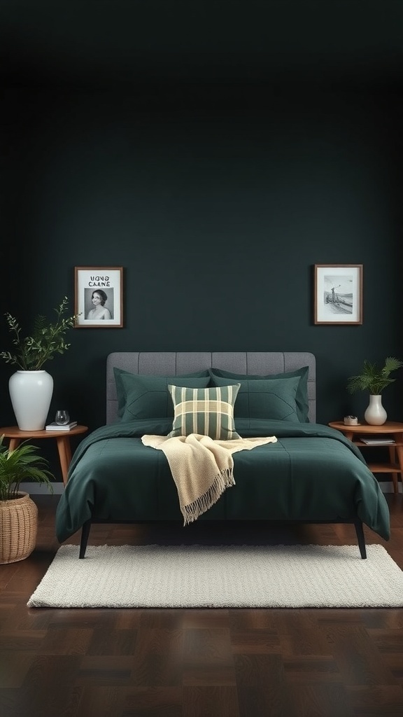 A dark green bedroom featuring a cozy bed, framed photos, plants, and a soft rug.