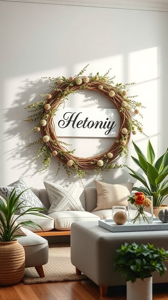 A curly deco mesh wreath with decorative elements displayed on a wall in a cozy living room.