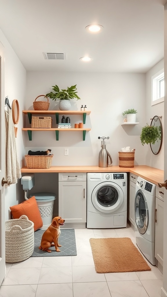 A cozy laundry room featuring a dog resting on a mat, with shelves and storage baskets.