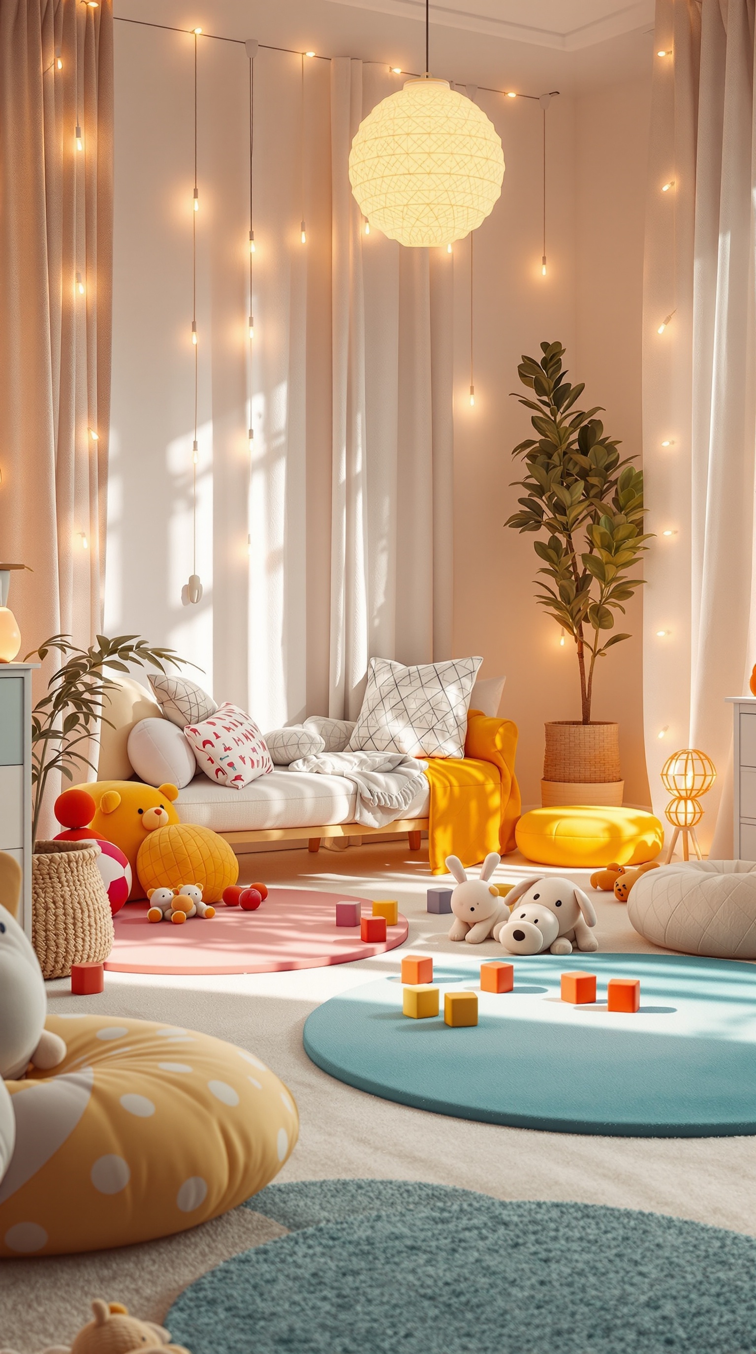 A bright and cozy baby play area with colorful rugs, cushions, and toys.