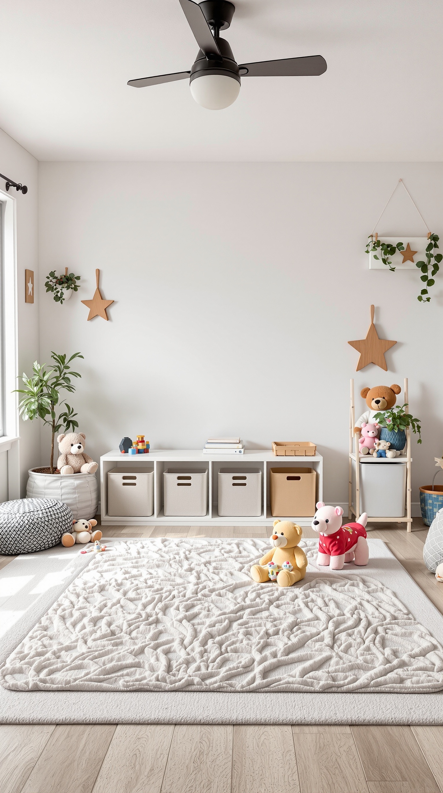 A cozy play mat area with storage bins and toys, promoting easy cleanup.