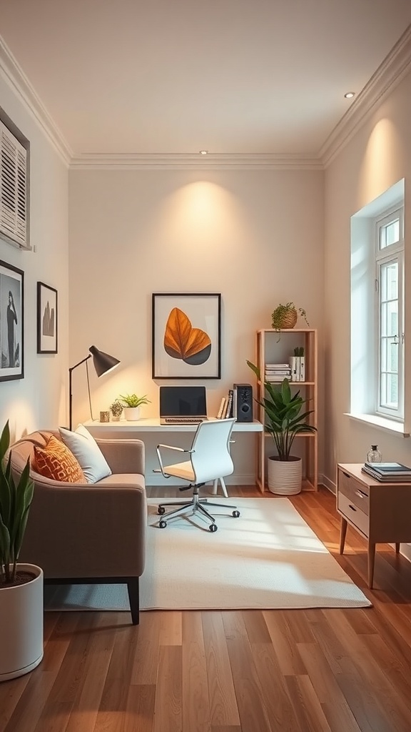 A cozy home office with a desk, chair, plants, and warm lighting.