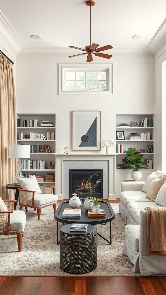 A cozy home library with a fireplace, comfortable seating, and bookshelves filled with books.