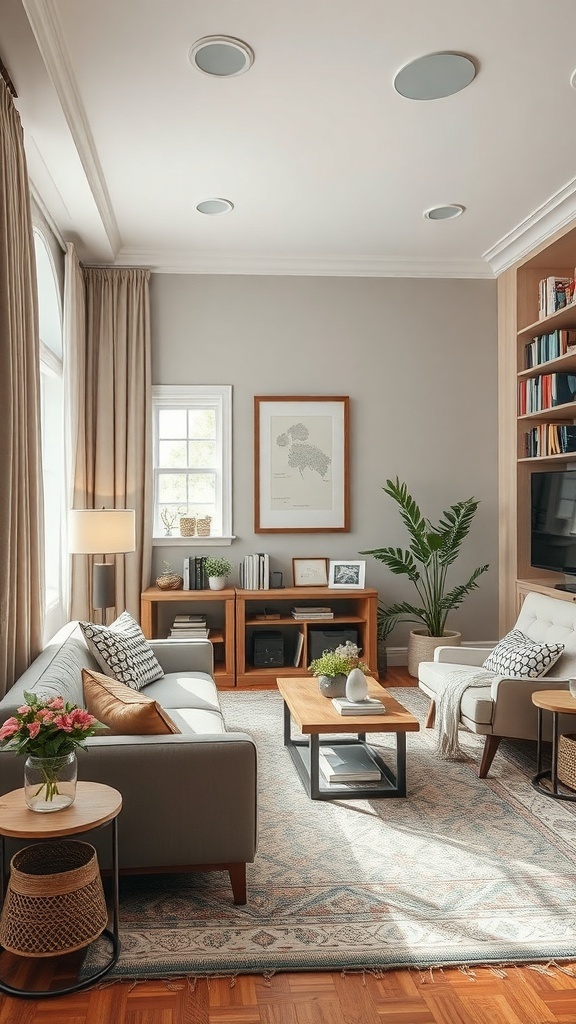 Cozy home library with comfortable seating, natural light, and plants.