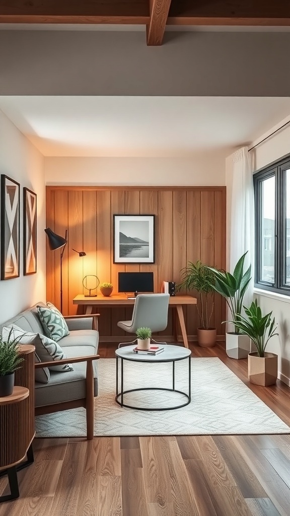 A cozy small office with wooden accents, a desk, a sofa, and plants, creating a quiet zone.