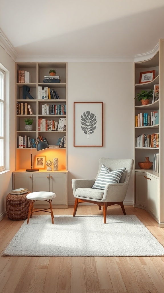 A cozy reading corner with a comfortable chair, bookshelves, and warm lighting.