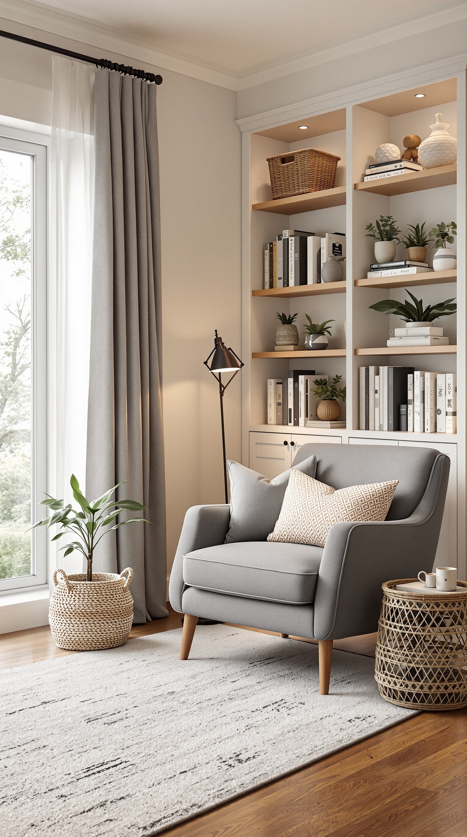 A cozy reading nook featuring a gray armchair, bookshelves filled with books, a lamp, and plants.