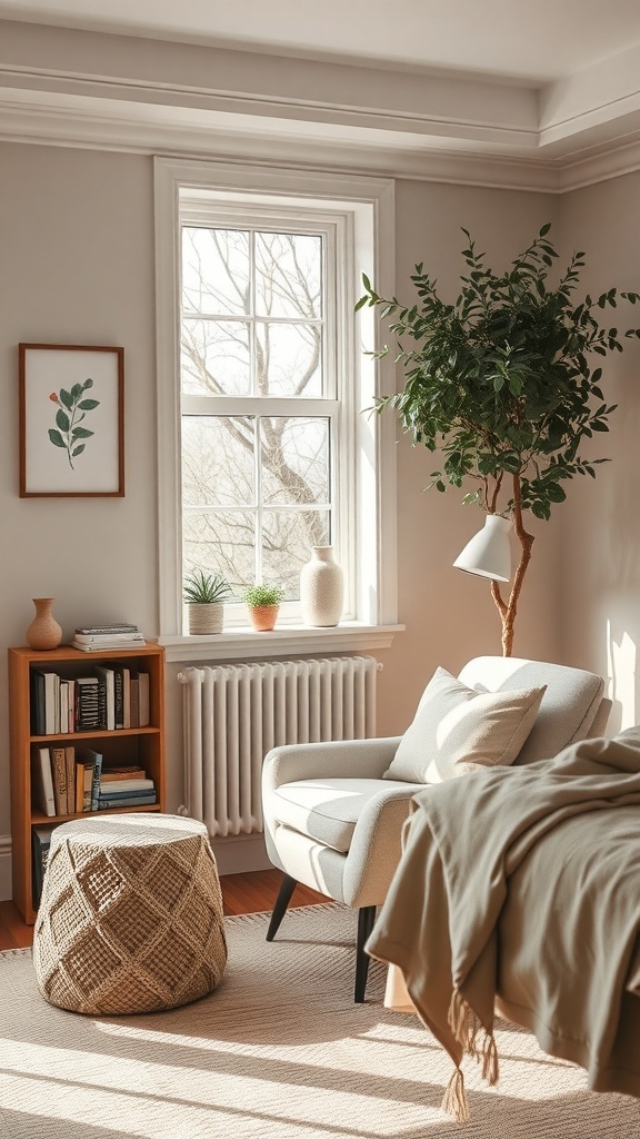 A cozy reading nook in a bedroom with a comfortable chair, a small bookshelf, and a plant by the window.