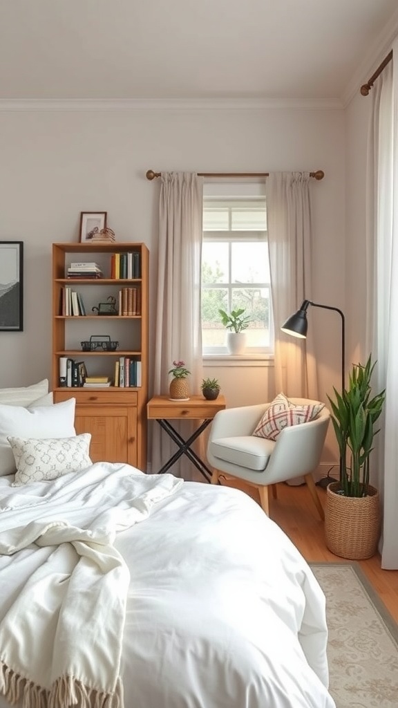 Cozy reading nook in a small bedroom with a chair, lamp, and bookshelf