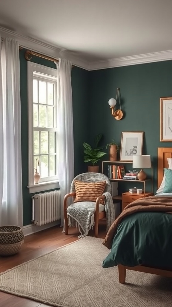 Cozy reading nook in a dark green bedroom with a chair, blanket, and plants.