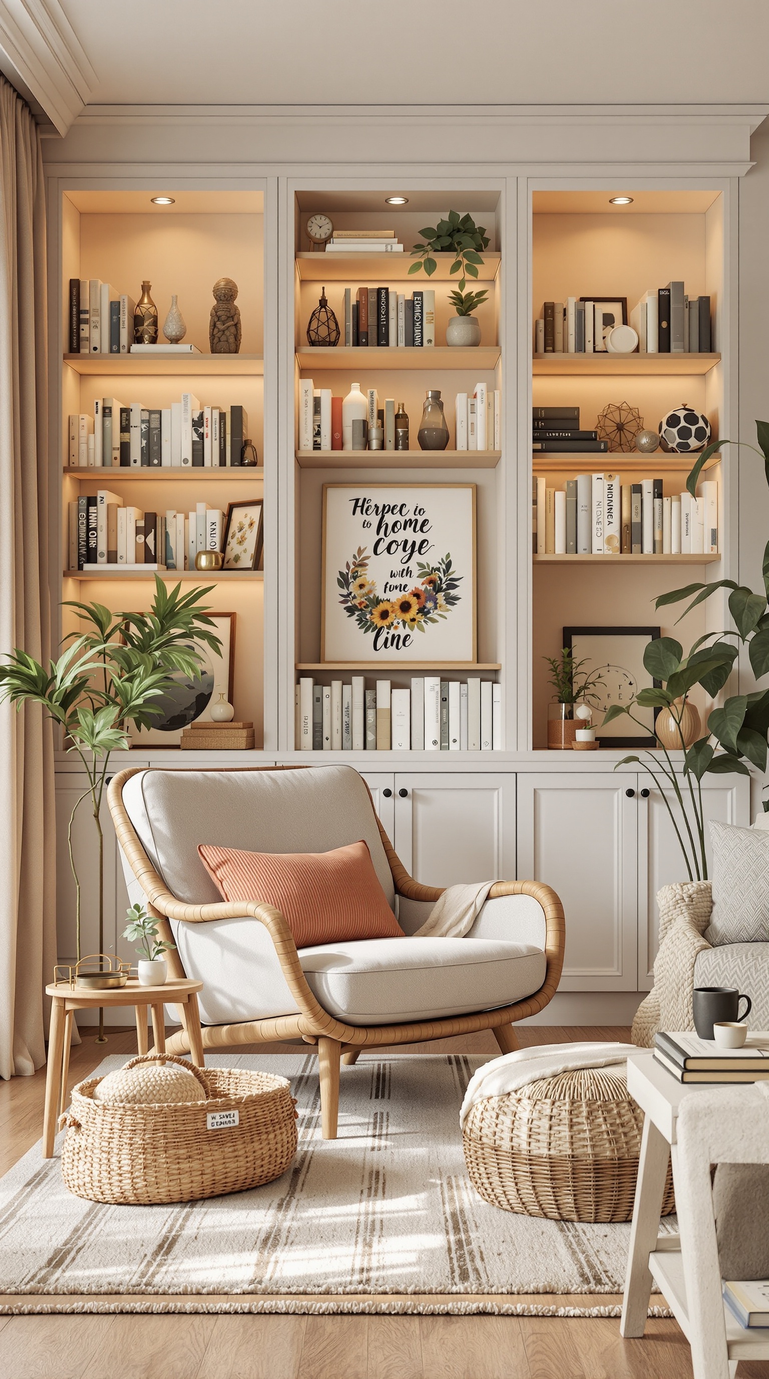 A cozy reading nook with a comfortable chair, bookshelves filled with books, and decorative elements.