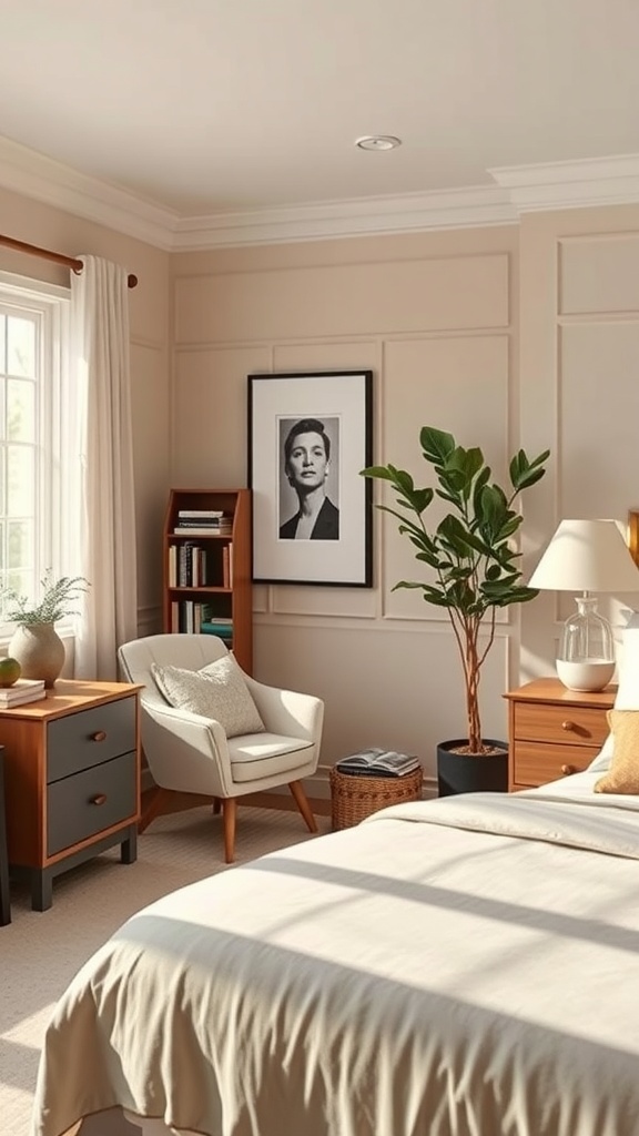 Cozy reading nook in a small master bedroom with a chair, bookshelf, and potted plant.