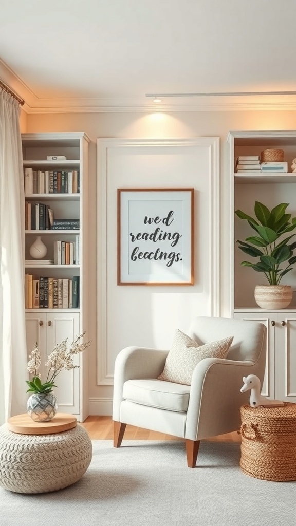 Cozy reading nook with an armchair, bookshelves, and warm lighting.