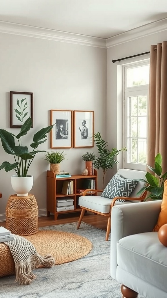 Cozy boho living room with a reading nook featuring a comfortable chair, plants, and a small bookshelf.