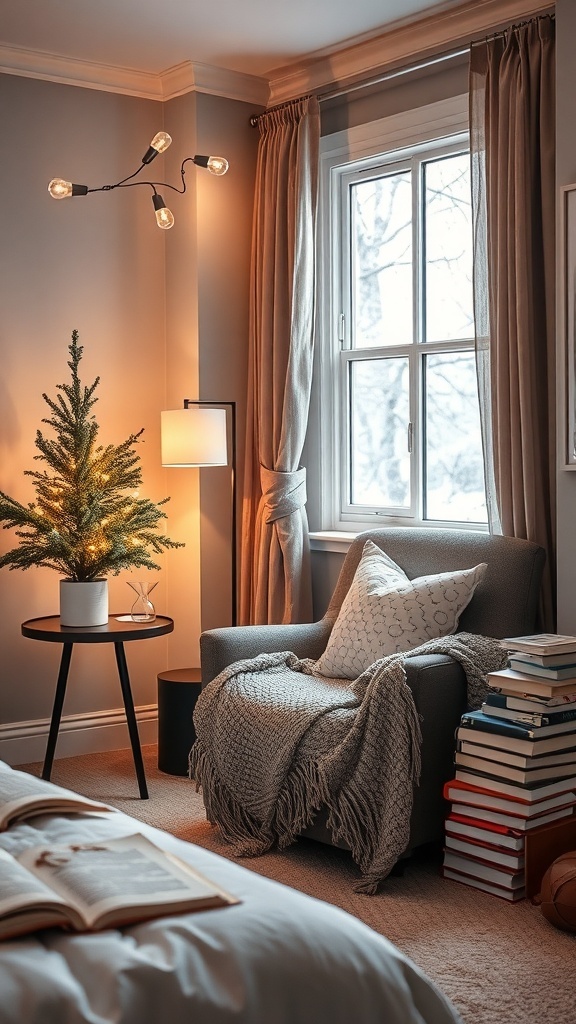 A cozy reading nook in a winter bedroom featuring a comfortable chair, a small Christmas tree, a lamp, and a stack of books.