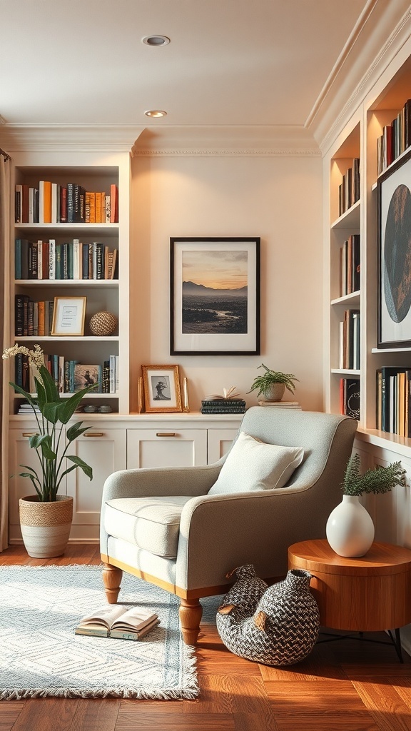 A cozy reading nook featuring a comfortable armchair, a side table with a book, bookshelves filled with colorful books, and decorative plants.