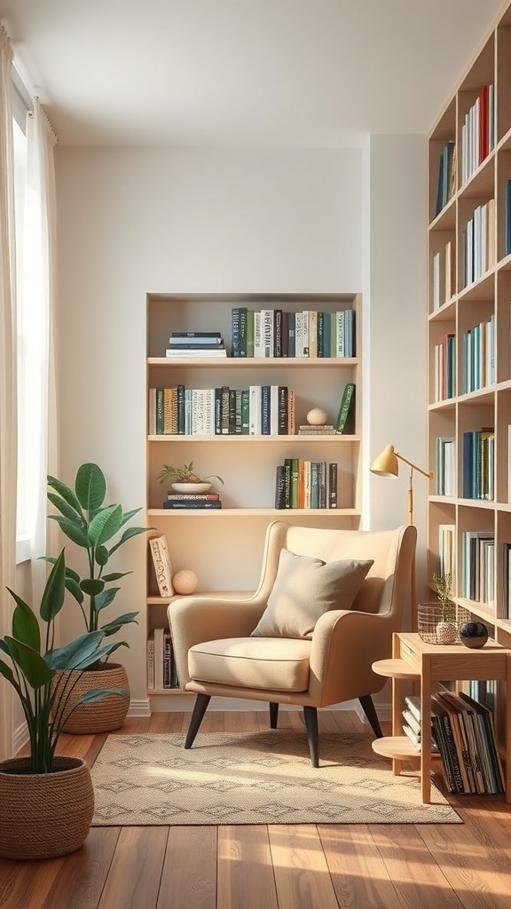 A cozy reading nook featuring a comfortable armchair, a bookshelf filled with books, and houseplants.