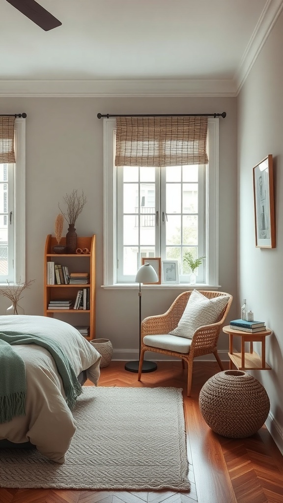 Cozy reading nook in an earthy bedroom with a chair, side table, and natural light.