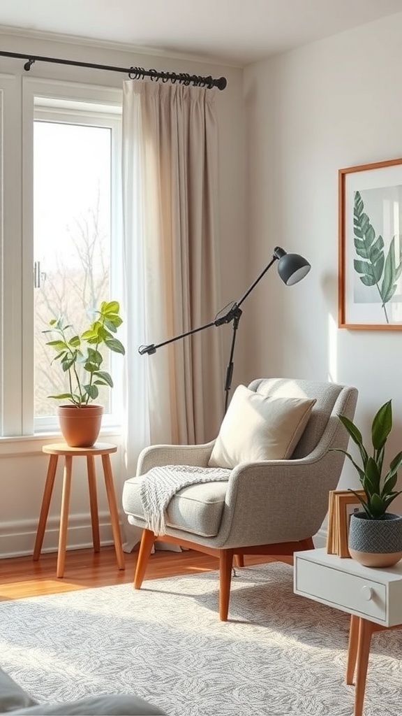Cozy reading nook in a mid-century modern living room with a chair, side table, and plants.