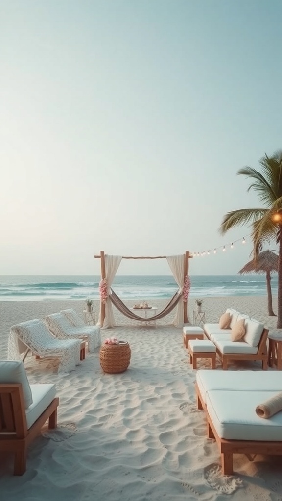 Beach wedding setup with cozy seating and decor under a clear sky.