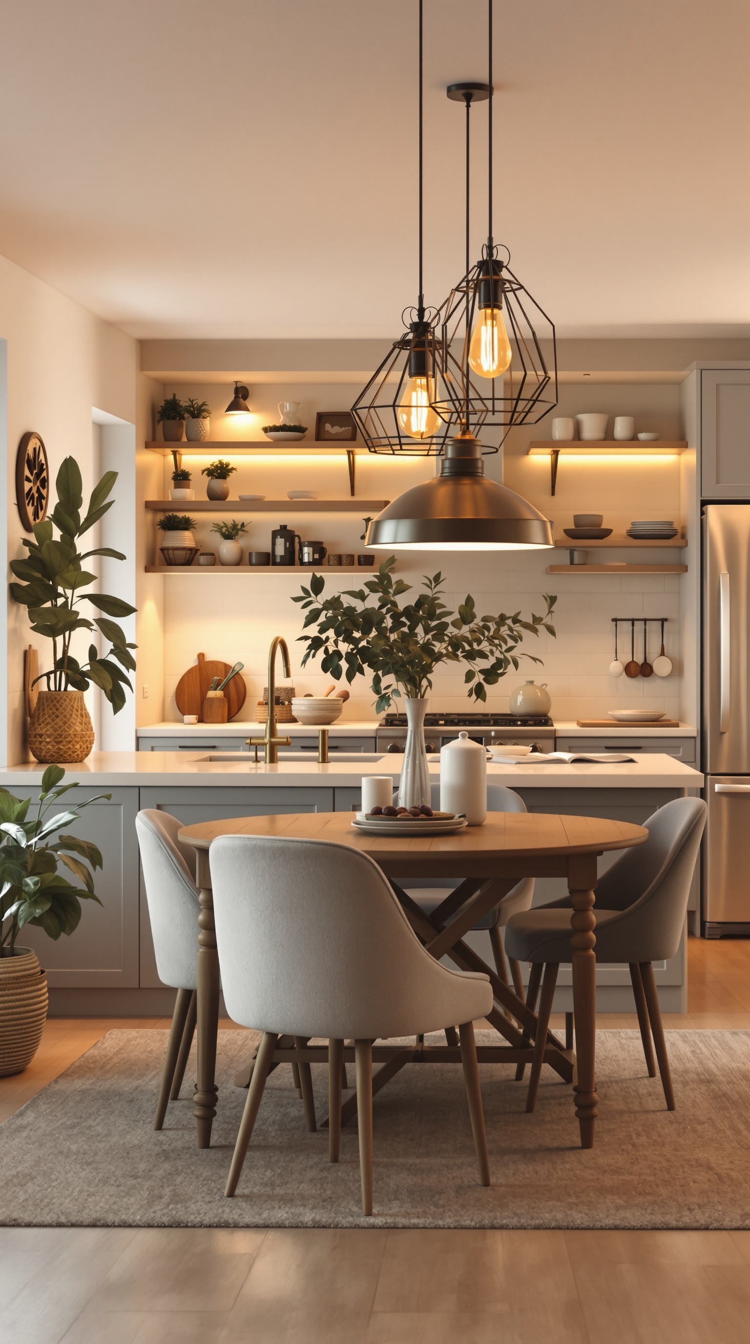 A cozy kitchen diner family room with warm pendant lights, a wooden dining table, and plants.