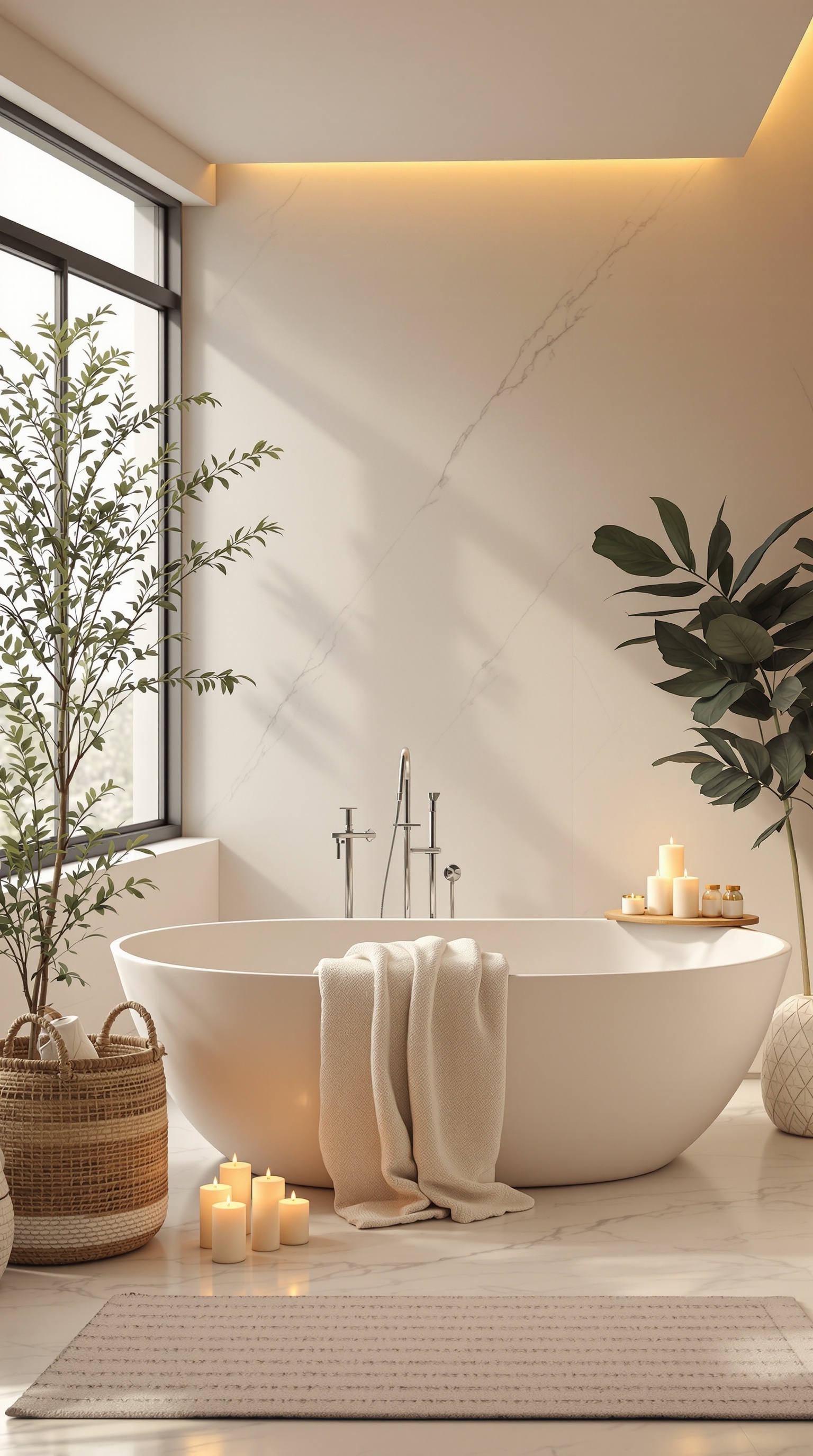 A serene family bathroom featuring a freestanding bathtub, candles, and plants, illuminated by soft lighting.