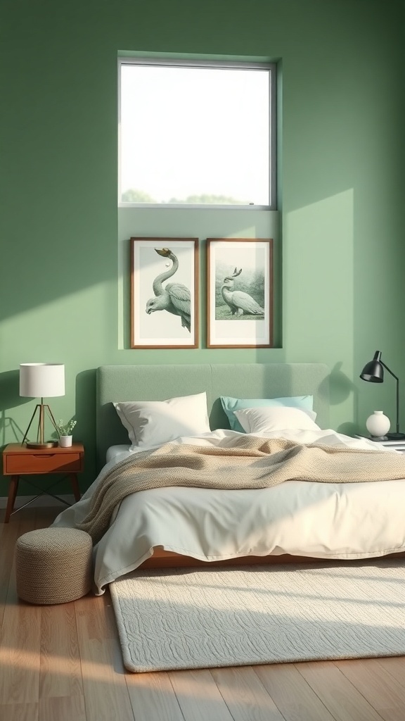 A serene green bedroom with a cozy bed, natural light, and bird artwork.