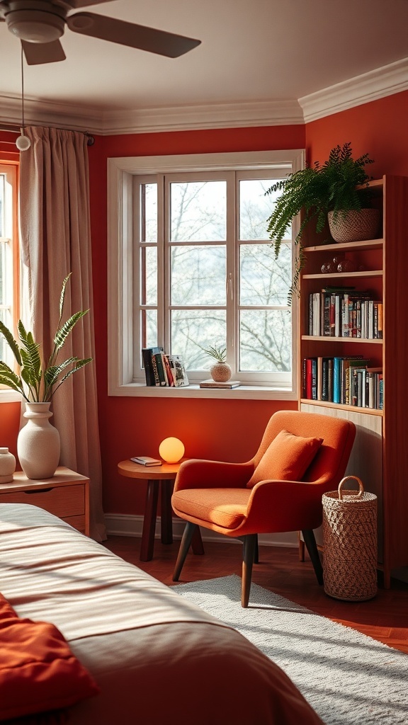 A cozy reading nook in a burnt orange bedroom featuring a plush chair, side table, and natural light from a window.