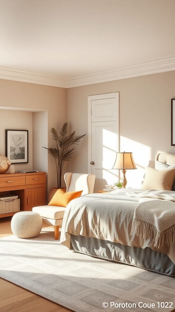 A cozy beige bedroom featuring a reading nook with a comfortable chair, side table, lamp, and decorative elements.