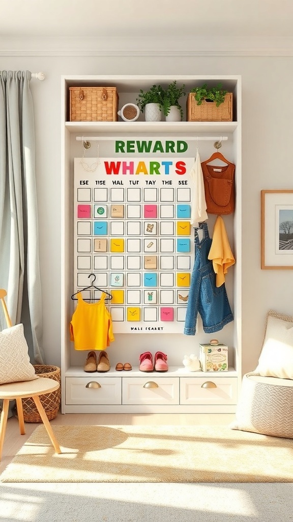 A colorful reward chart for kids' wardrobe organization featuring tasks and spaces for stickers.