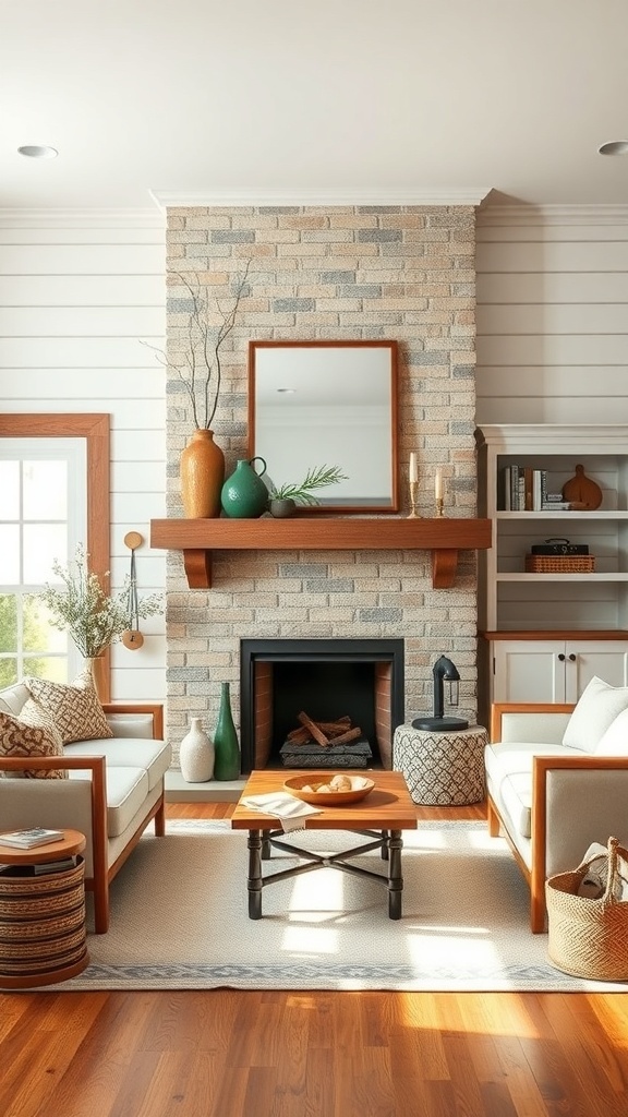 A rustic farmhouse living room featuring a stone fireplace, wooden mantel, and cozy seating.