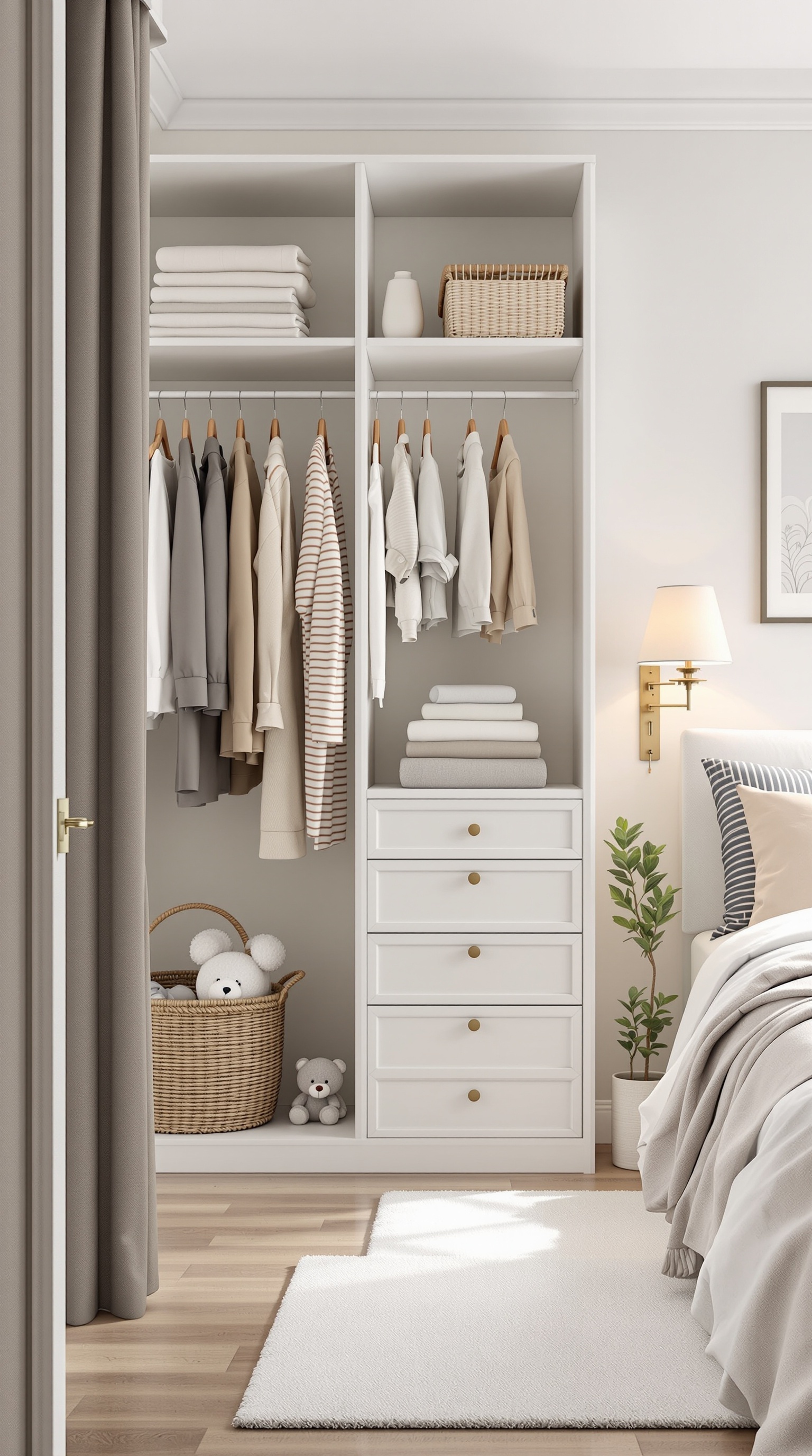 A well-organized baby room closet with clothes, towels, and soft toys stored safely.