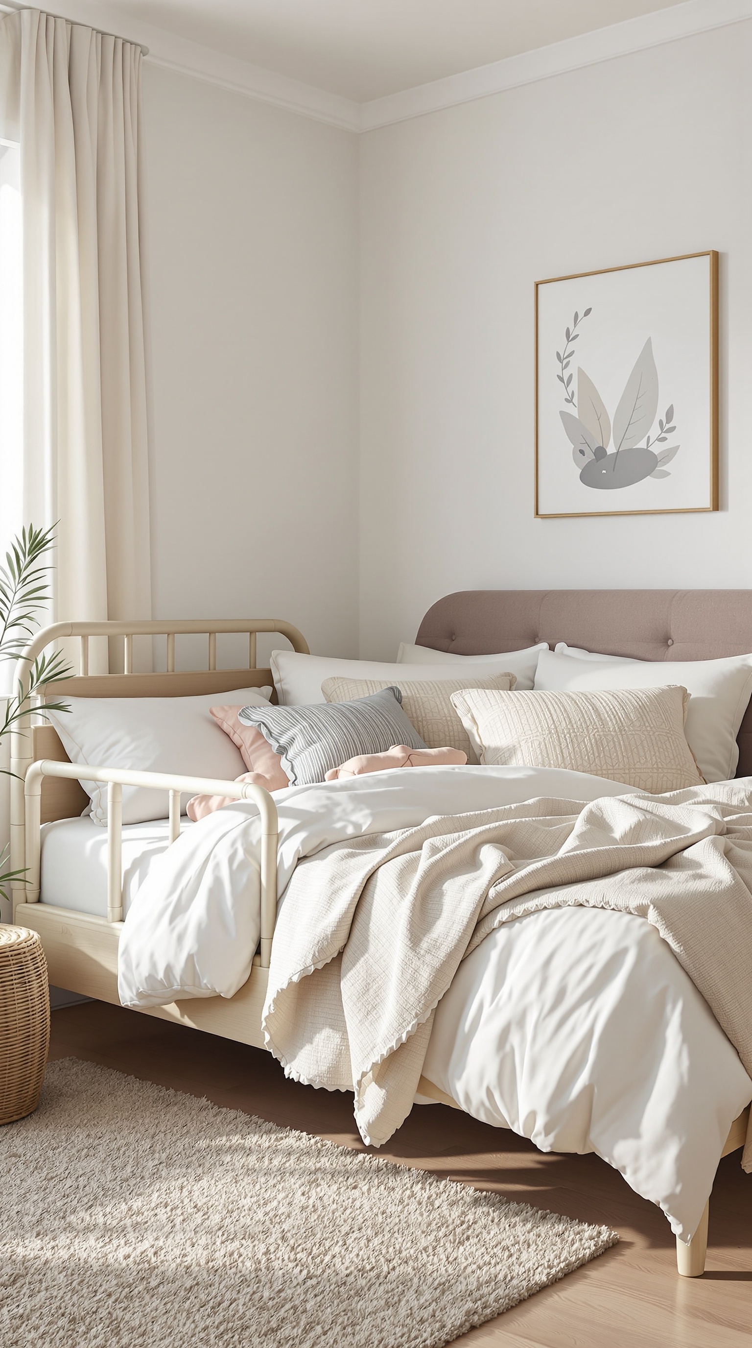 A cozy family bed setup with soft blankets and pillows in a bright bedroom.