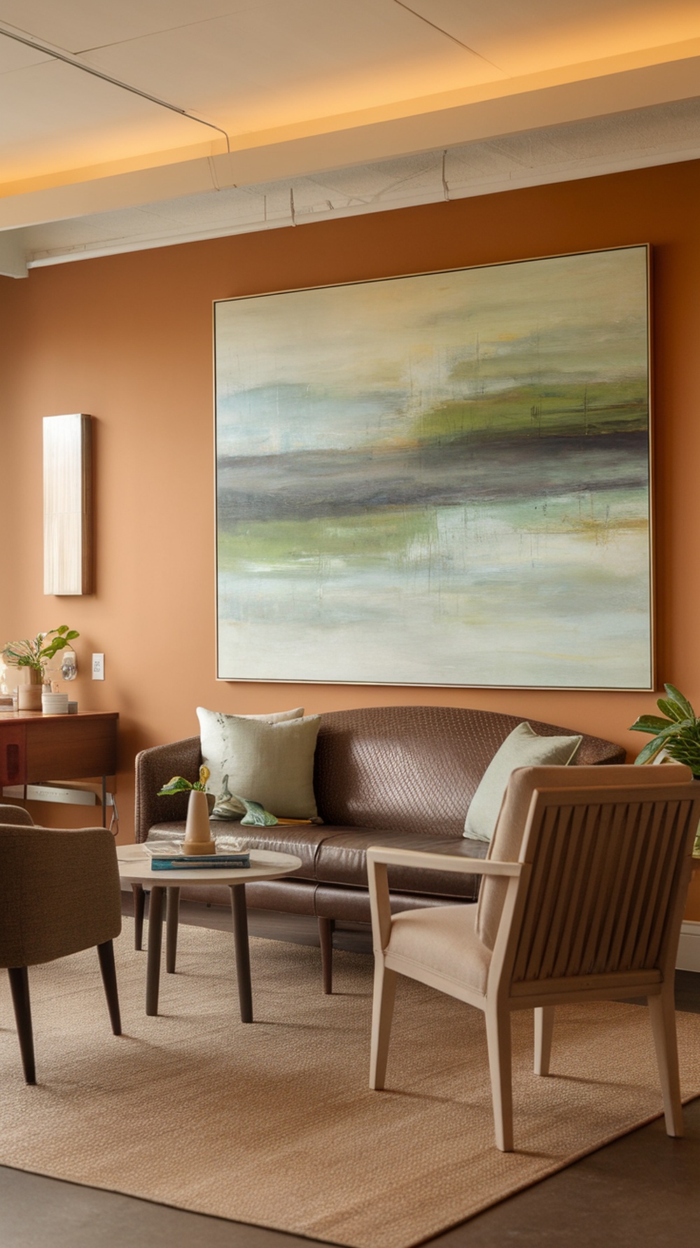 A cozy therapist office with warm brown walls, comfortable seating, and calming artwork.