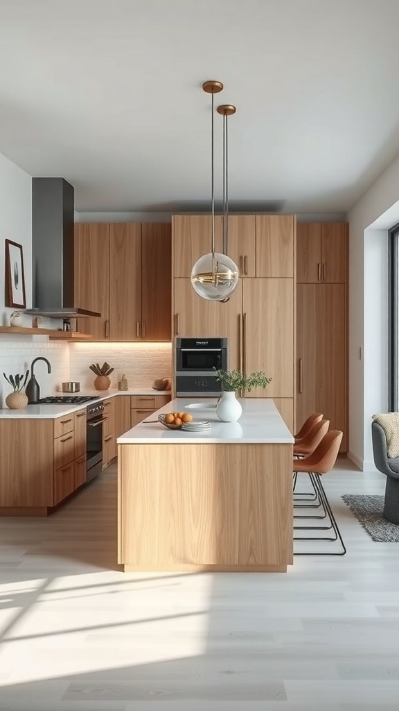 A modern kitchen featuring a narrow wooden island with bar stools and stylish decor.