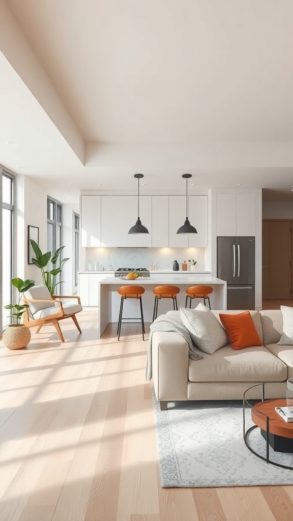 A modern apartment kitchen with an open layout, featuring white cabinets, orange bar stools, and a cozy living area.