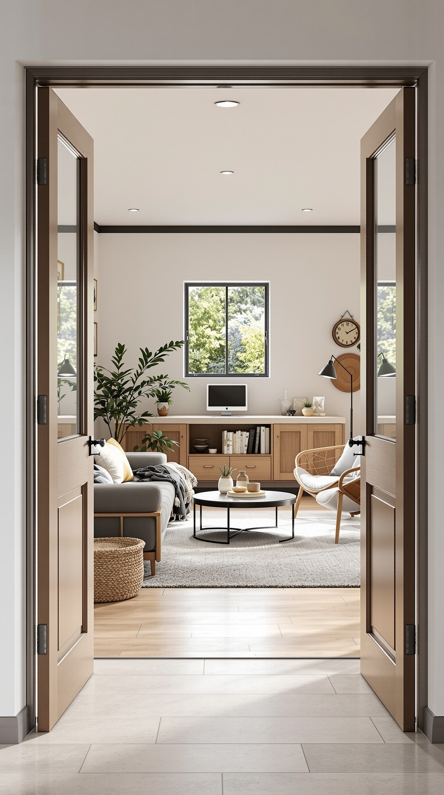 A view of a family room with open doors, showcasing a cozy interior with a sofa, chairs, and a window.