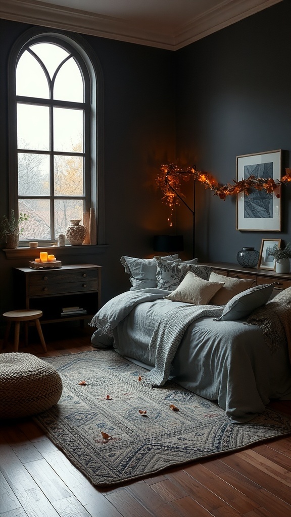 A dark cozy bedroom featuring a gray bedspread, warm lighting, and decorative elements.